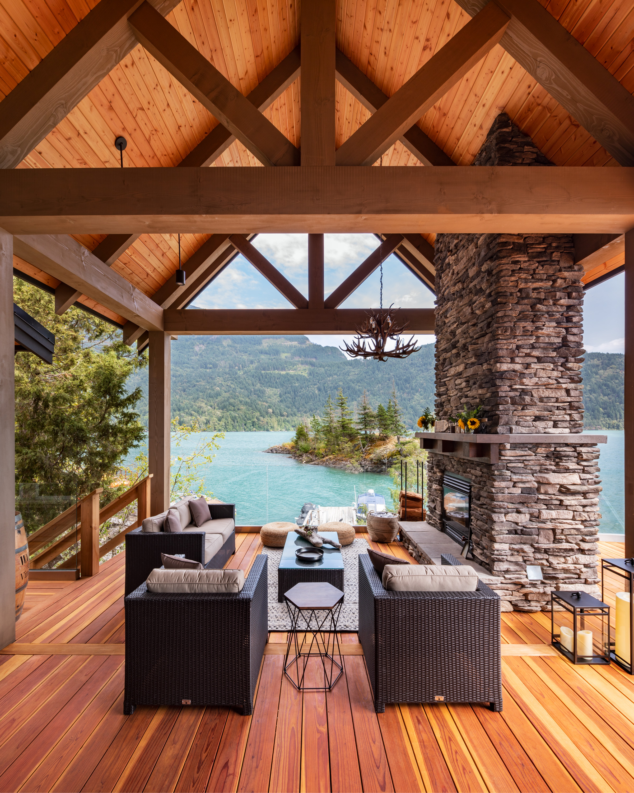 Covered Redwood Deck with Massive Fireplace and Vaulted Timber Ceiling