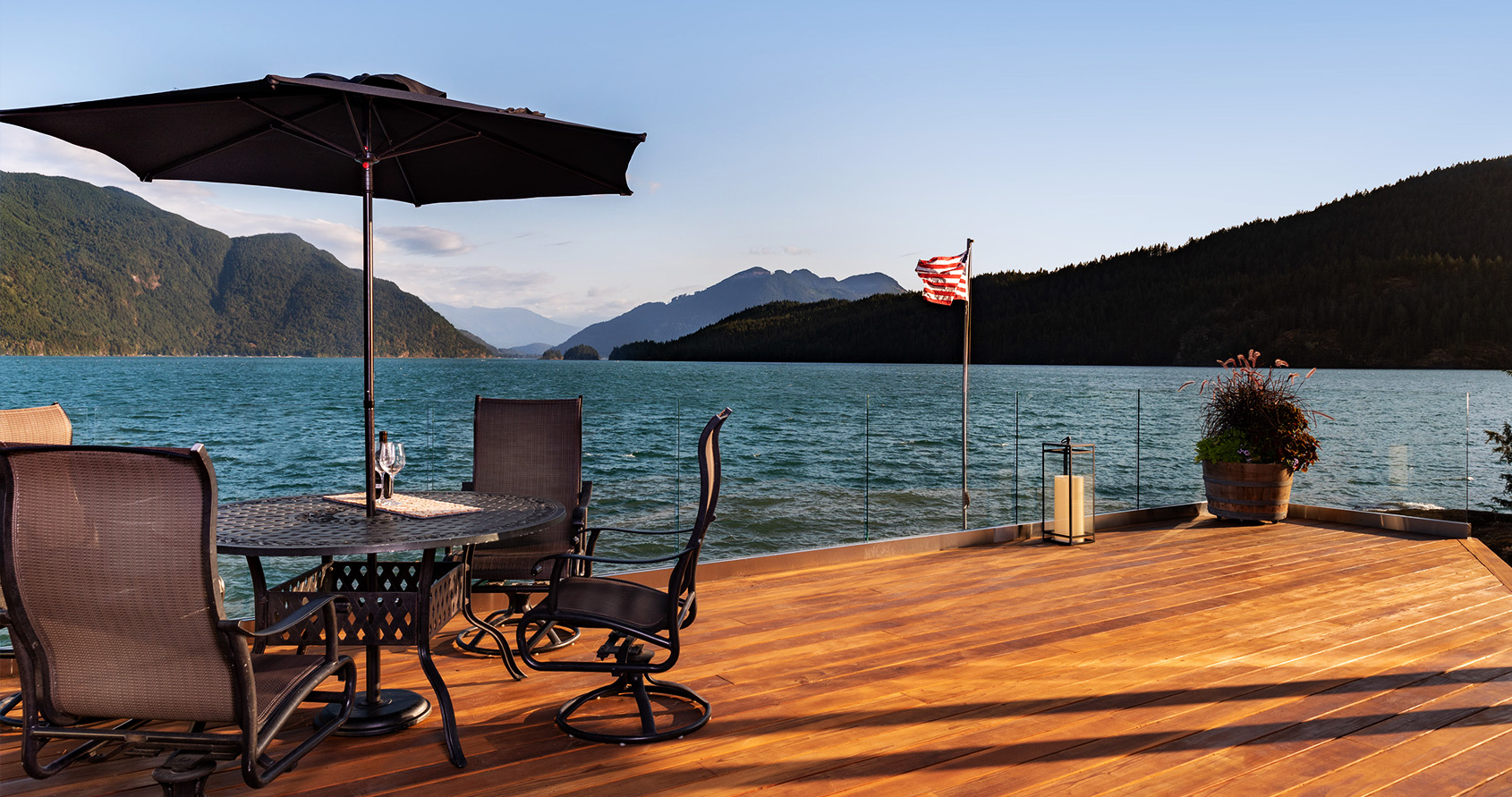 The redwood deck offers exceptional views of the lake