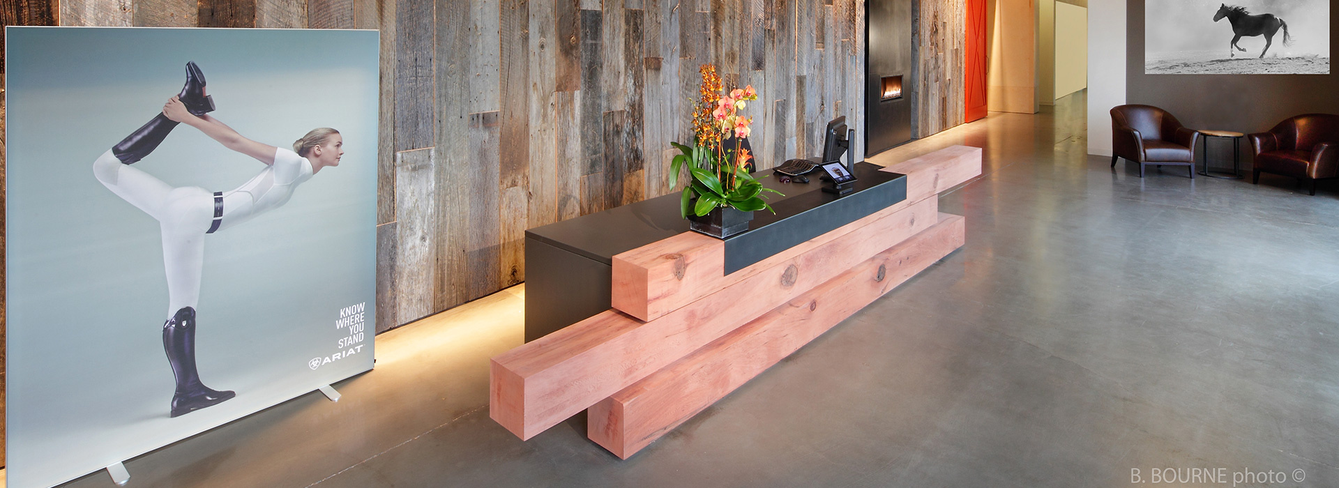 Ariat HQ Reception Desk Made of Redwood Timbers