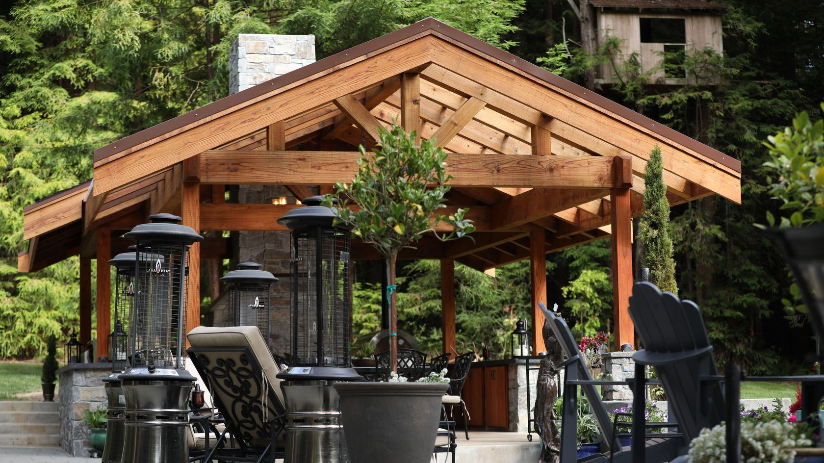 Redwood Timber Pergola Highlights Custom Outdoor Kitchen