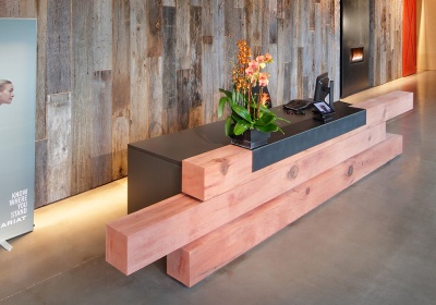 Ariat HQ Reception Desk Made of Redwood Timbers